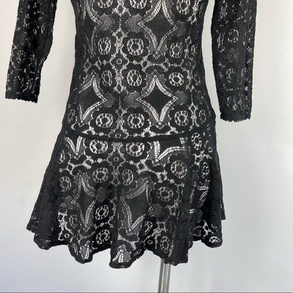 Free People Walking to the Sun Black Lace Mini Dress 0 Ruffle Sheer Tunic Top - Picture 11 of 16